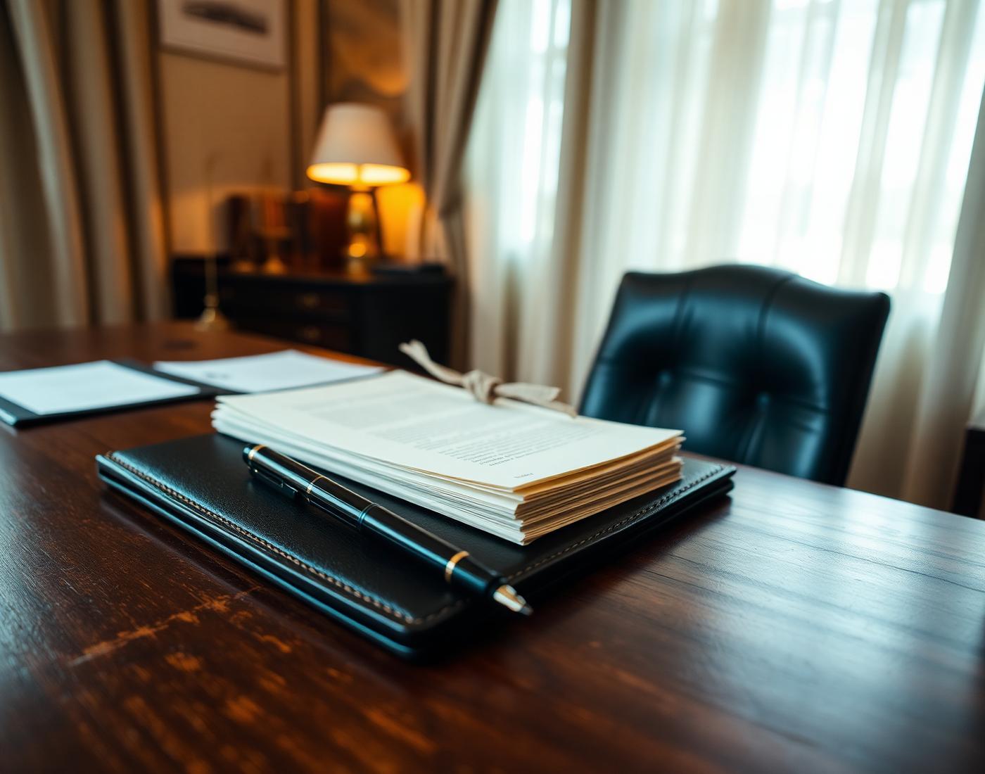 Fountain pen and legal papers on a walnut desk at the JP Legal office